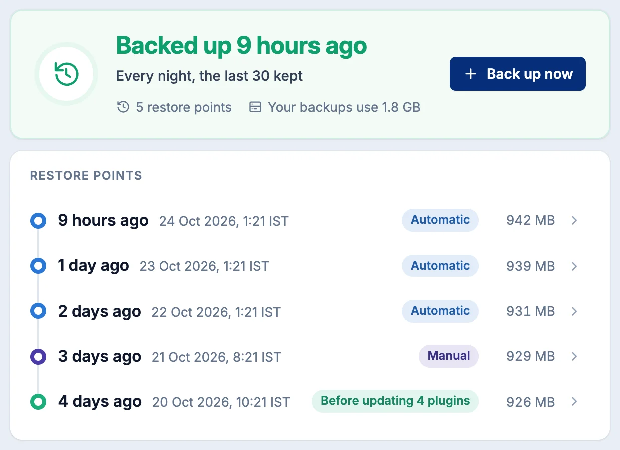 Nightly backups, 30 days in the HostCrafter panel