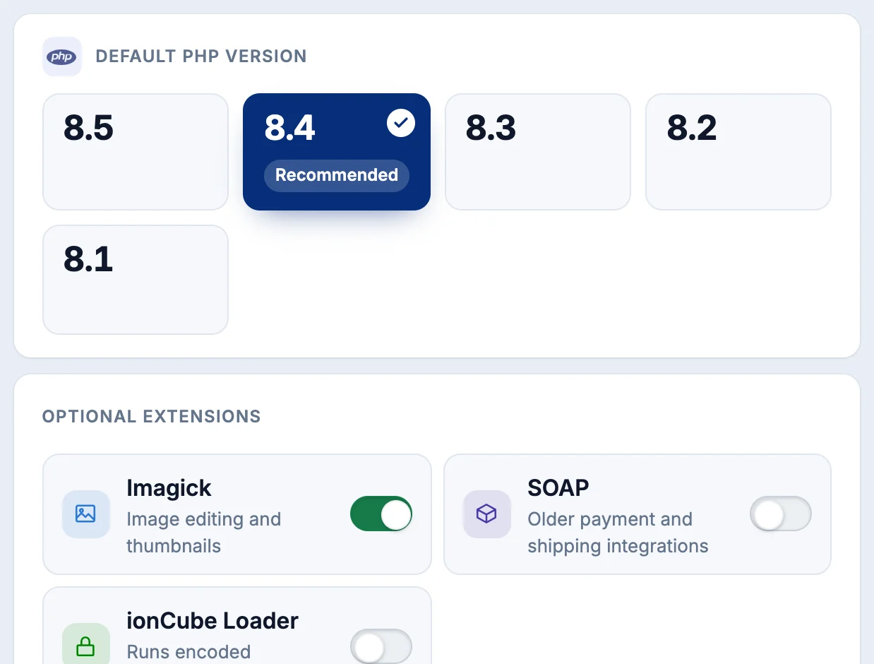 PHP version switchable per website