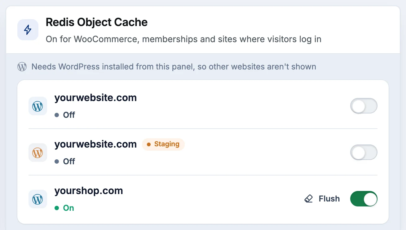 Redis object cache in the HostCrafter panel