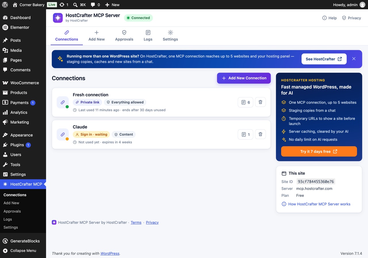 HostCrafter MCP Server in wp-admin: the list of AI connections, each with its sign-in type and permissions