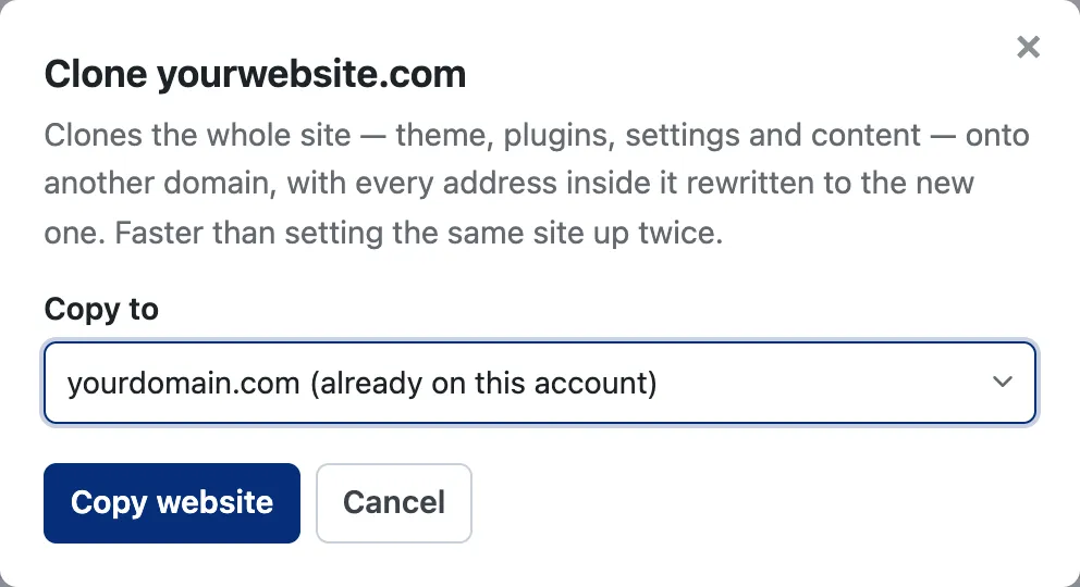 The Clone dialog offering a domain already parked on the account as the destination for the copy