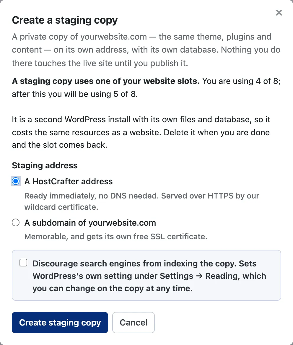 The Create a staging copy dialog, showing that the copy uses one website slot and offering a HostCrafter address or a subdomain of your own domain