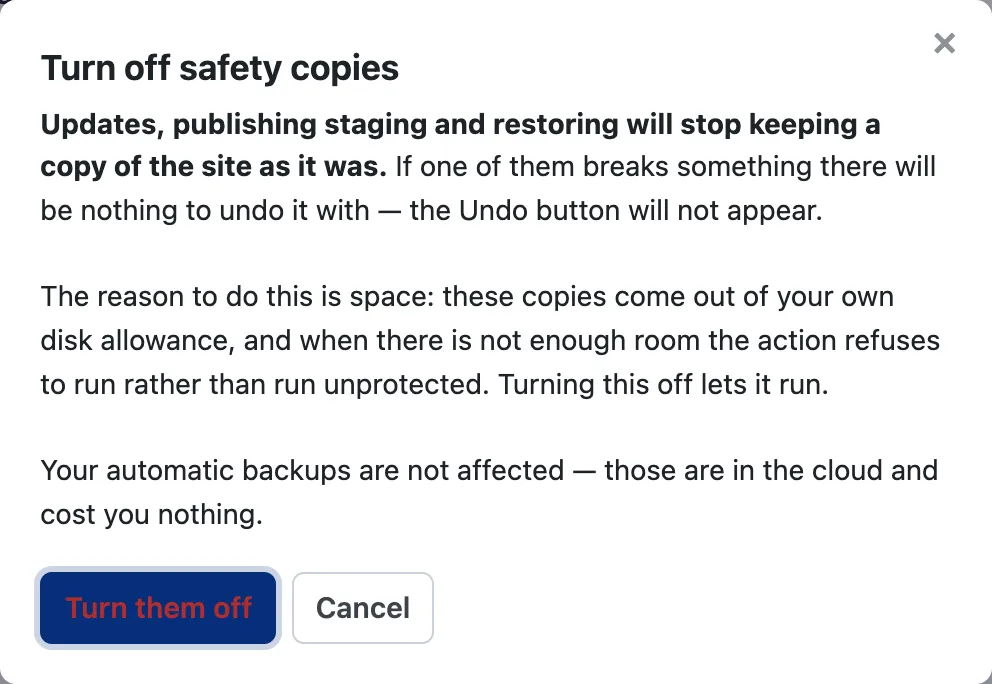 The confirmation for turning off backup-before-change, warning that the Undo button will no longer appear