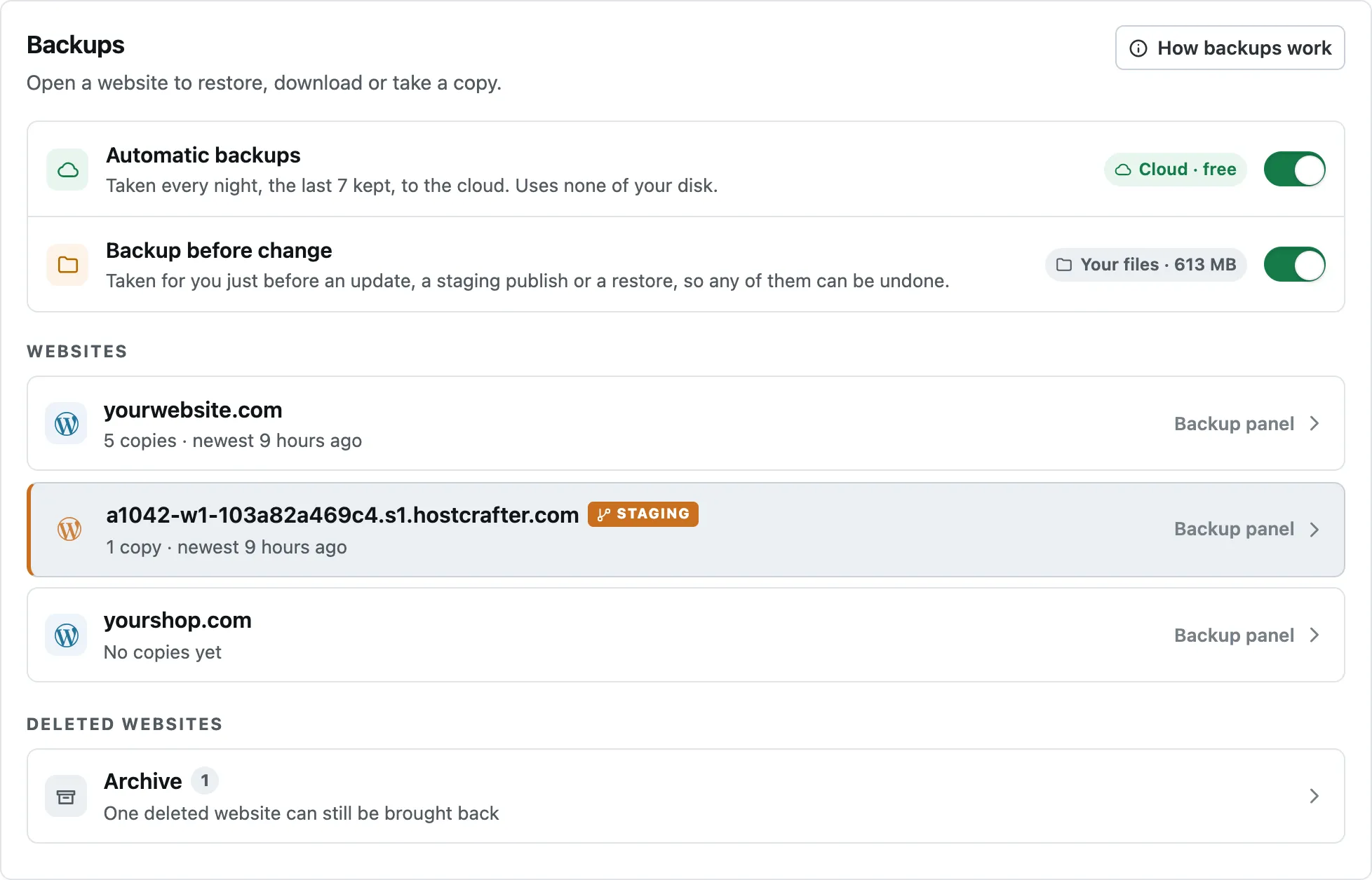 The Backups screen in the HostCrafter panel: switches for automatic backups and backup-before-change, and every website with copies