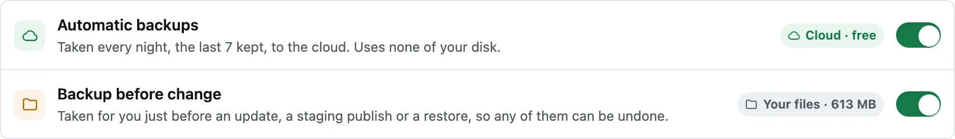 The two backup switches: Automatic backups kept in the cloud for free, and Backup before change kept in your own files