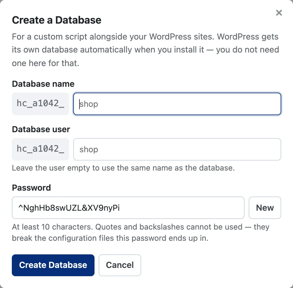 The Create a Database dialog, with the account prefix fixed in front of the name and user fields and a generated password