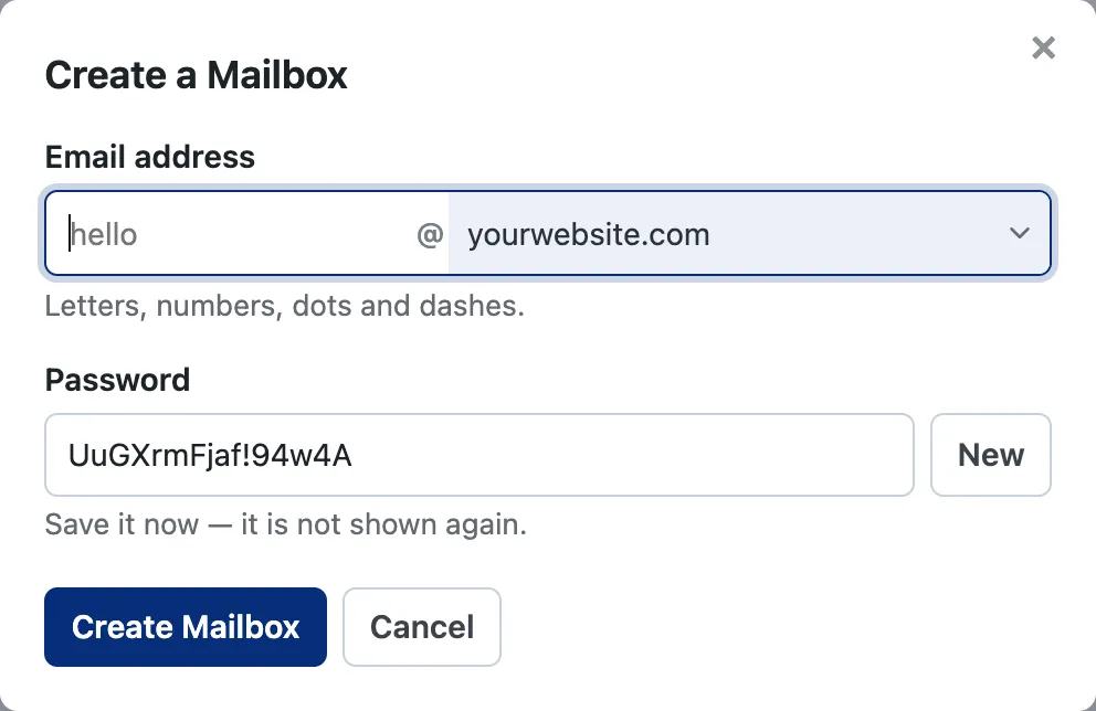 The Create a Mailbox dialog, where the address and the domain are one control reading left to right