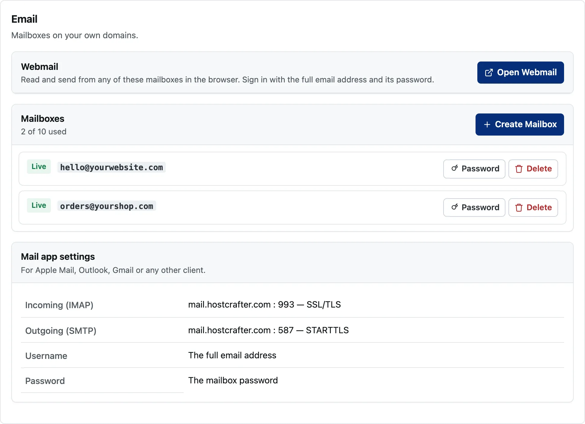 The Email screen: the webmail button, the mailboxes on the account, and the IMAP and SMTP settings for a mail app