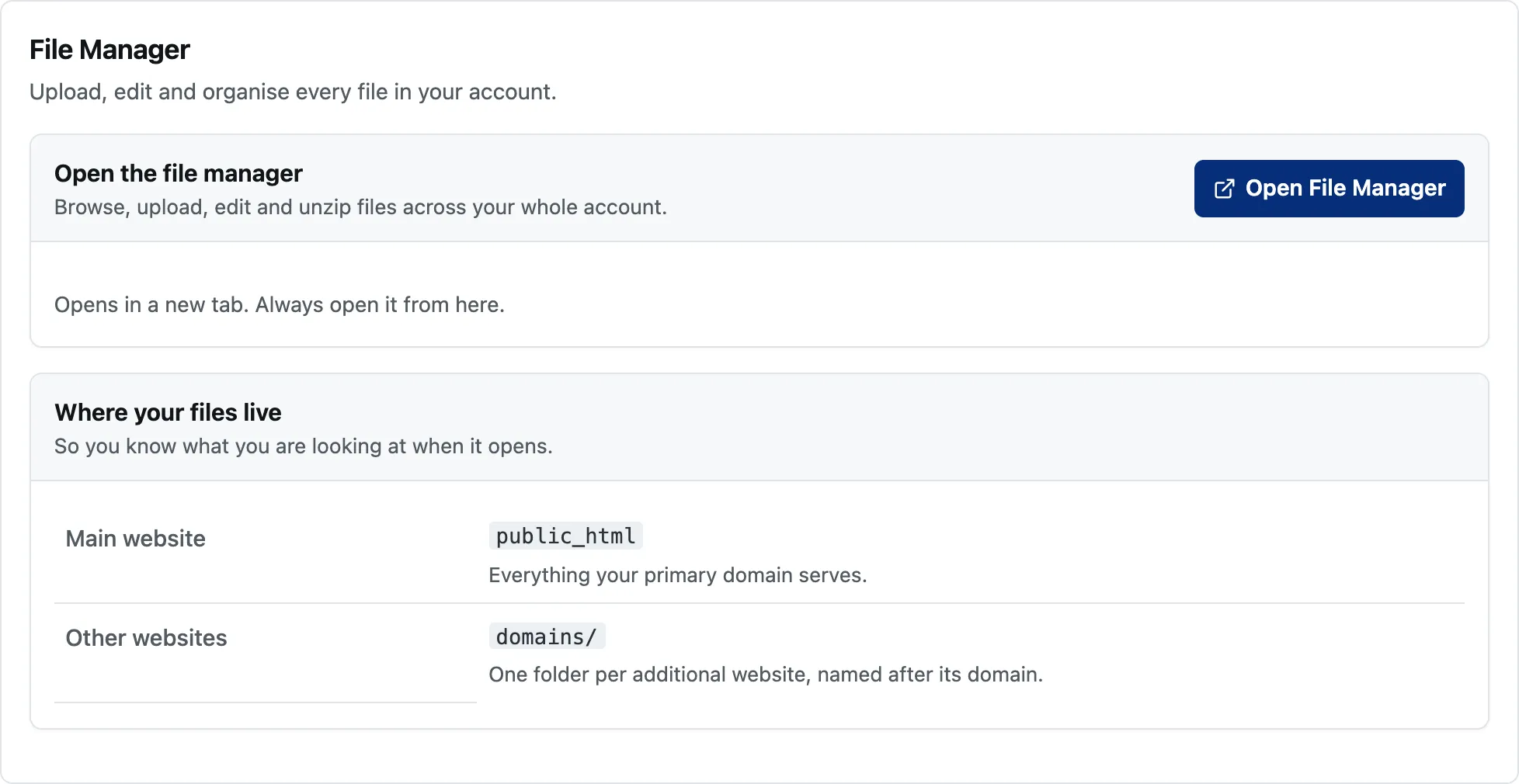 The File Manager screen, with the button that opens it and a note on where each website's files live