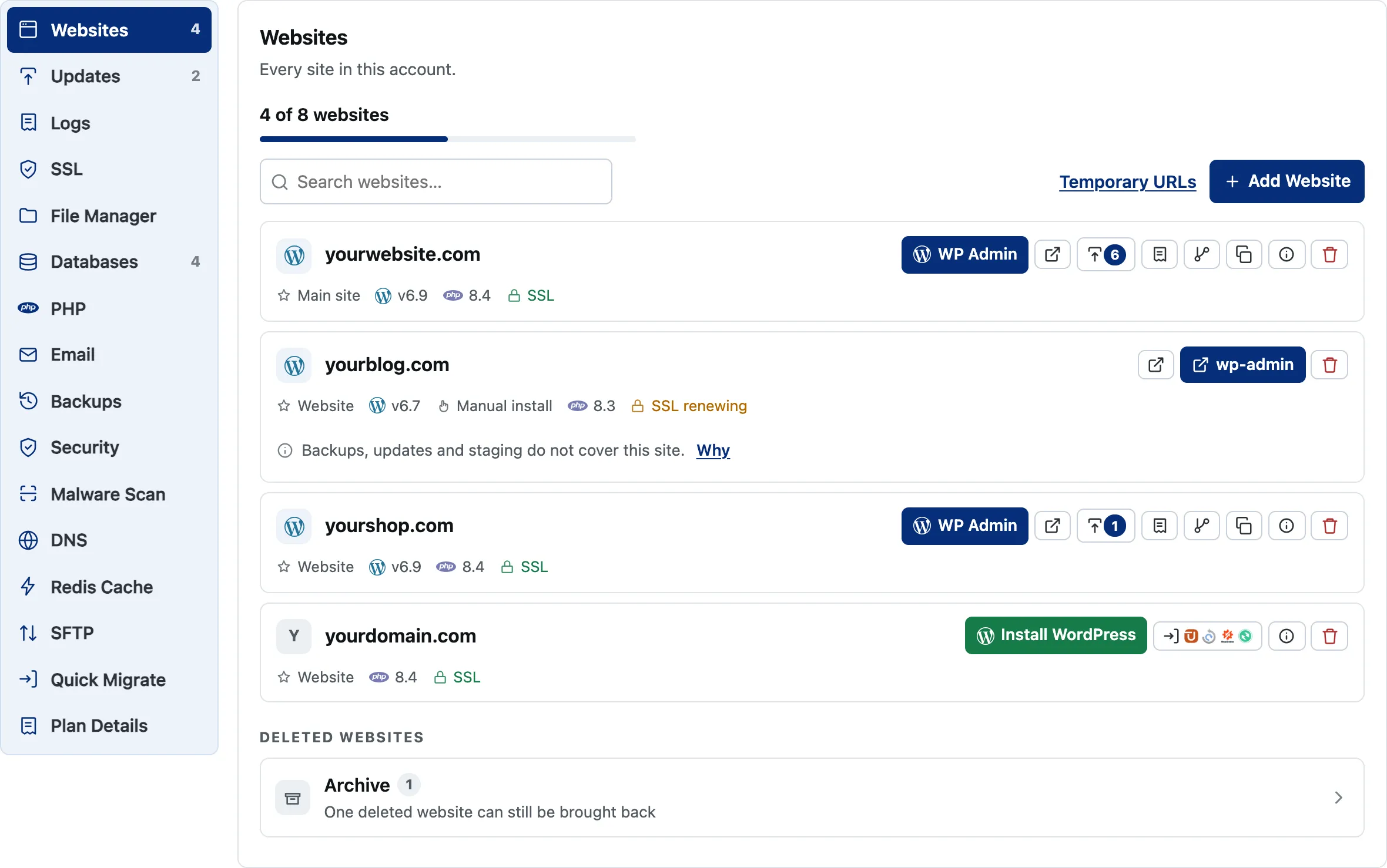 The Websites screen in the HostCrafter control panel, listing four websites with their actions on each row