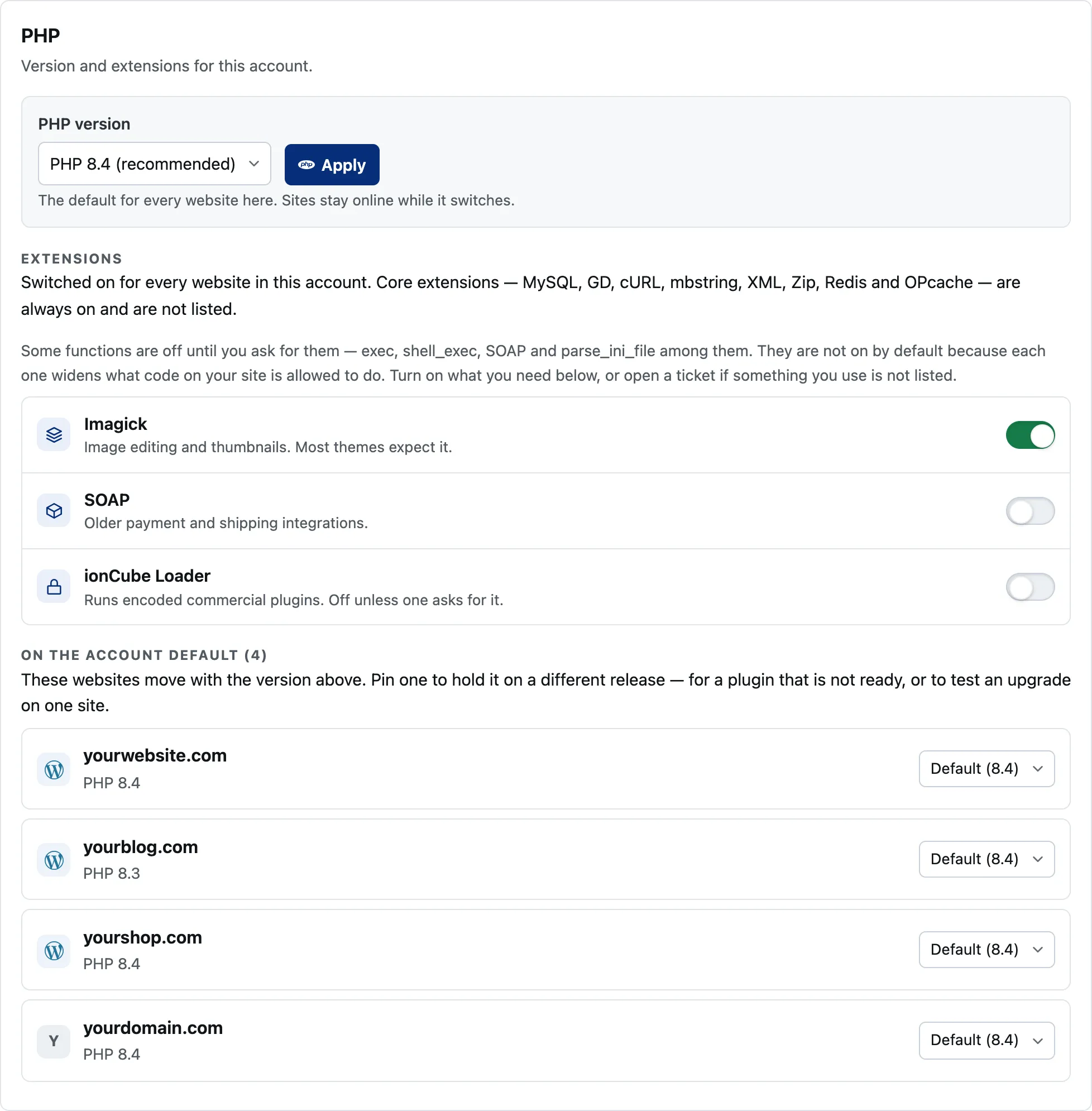 The PHP screen: the account default version, the extension switches, and each website with the version it runs