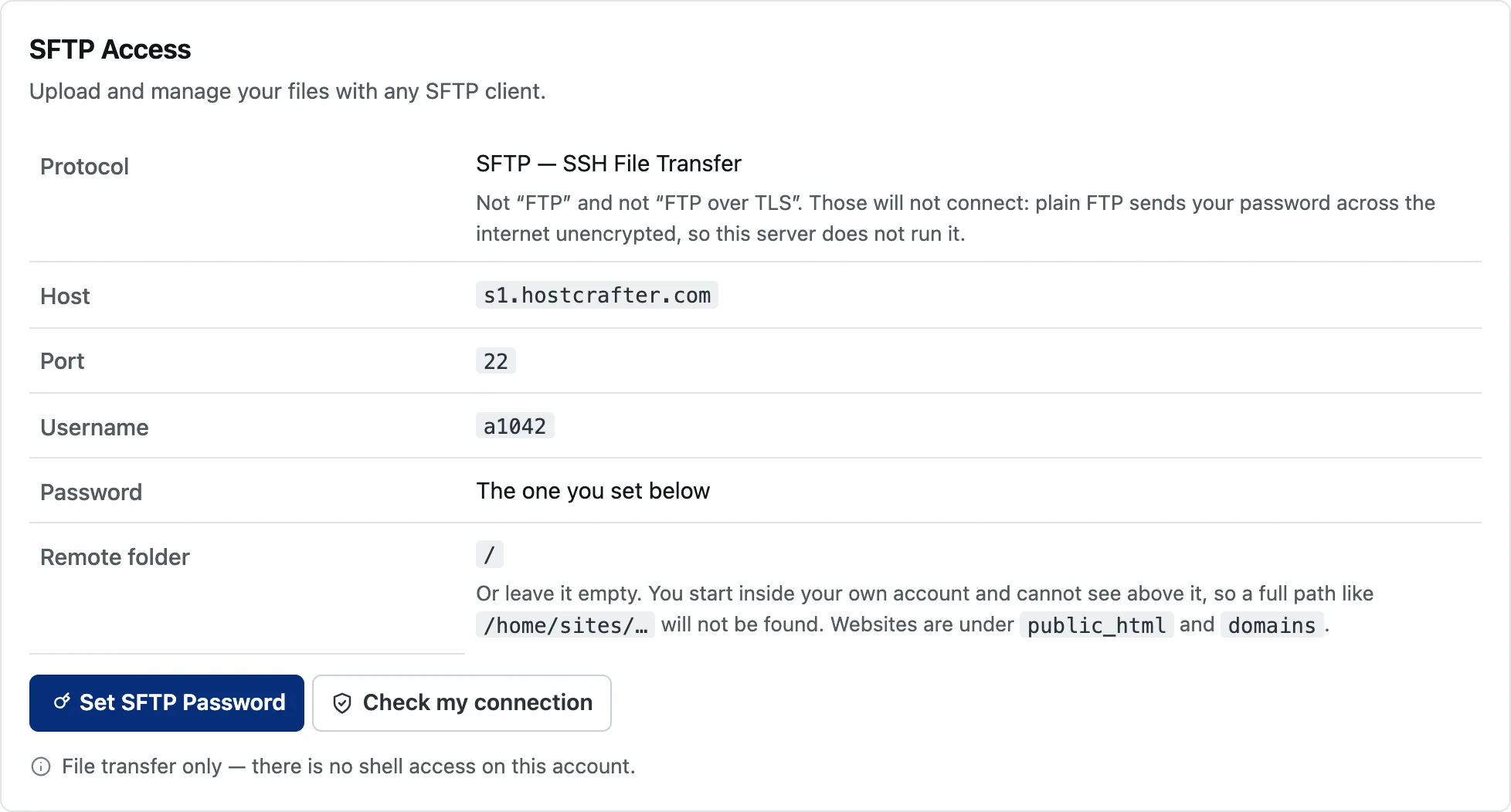 The SFTP screen listing the protocol, host, port, username and remote folder to type into an SFTP client
