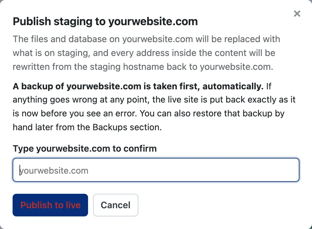 The Publish staging to live dialog, warning that the live files and database are replaced and that a backup is taken first